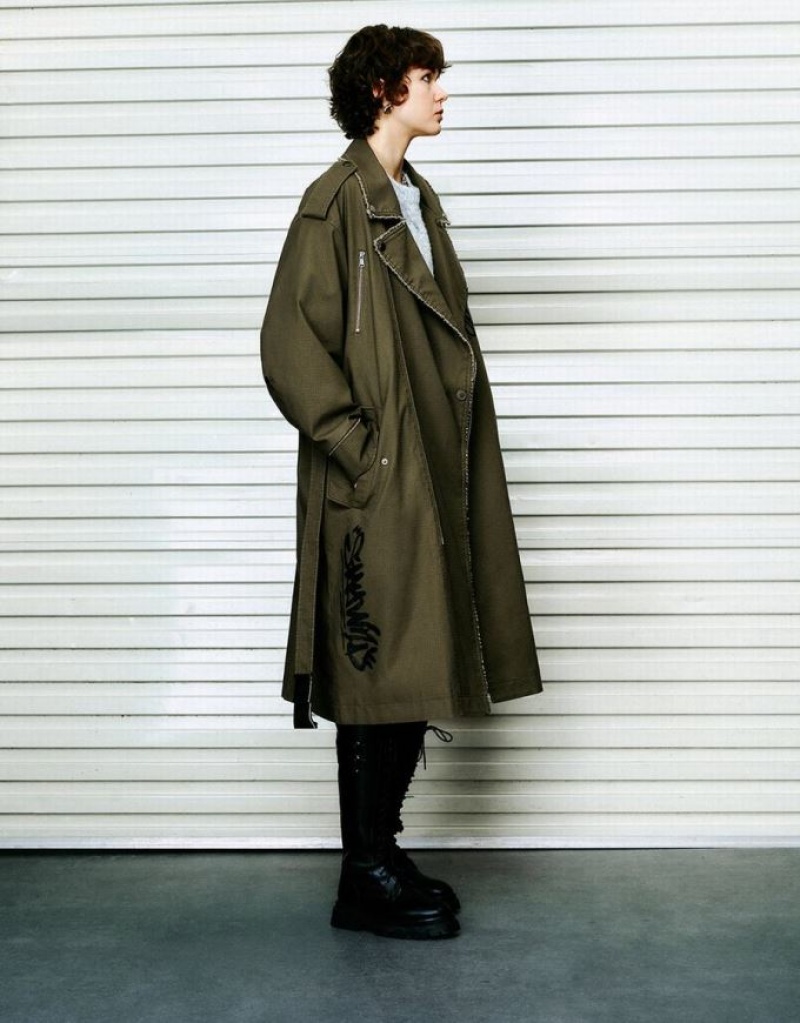 Green Urban Revivo Straight With Belt Women's Trench Coat | NYELOF-593