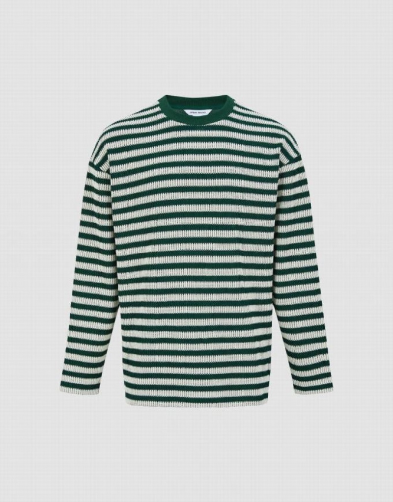 Green Urban Revivo Striped Sleeve Crew Neck Men's T-Shirts | UMIKFV-357