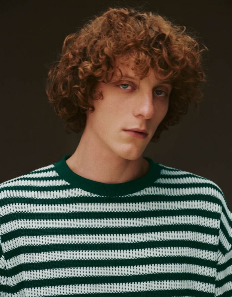 Green Urban Revivo Striped Sleeve Crew Neck Men's T-Shirts | UMIKFV-357