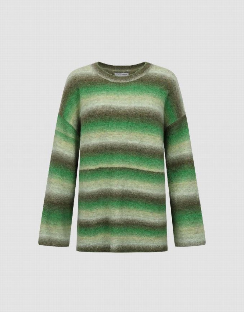 Green Urban Revivo Striped Crew Neck Knitted Women\'s Cardigan | CWNIBM-830