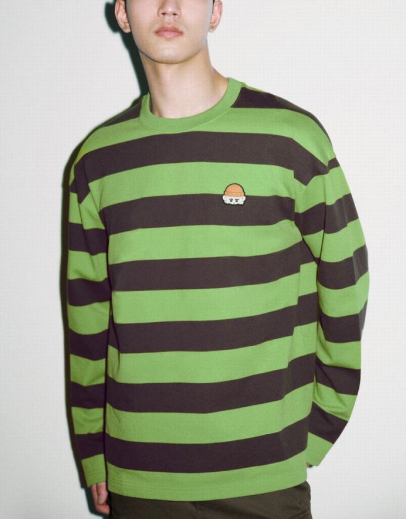 Green Urban Revivo Striped Crew Neck Knitted Men's T-Shirts | NTGLCY-318