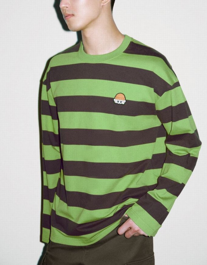 Green Urban Revivo Striped Crew Neck Knitted Men's T-Shirts | NTGLCY-318