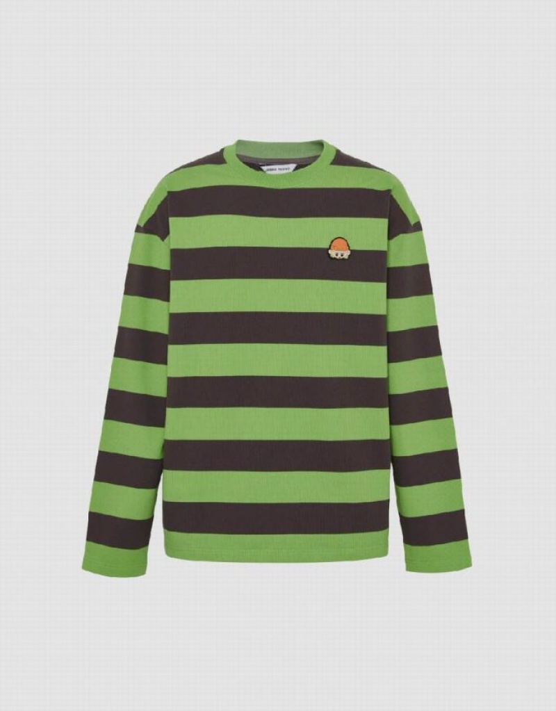 Green Urban Revivo Striped Crew Neck Knitted Men\'s T-Shirts | NTGLCY-318