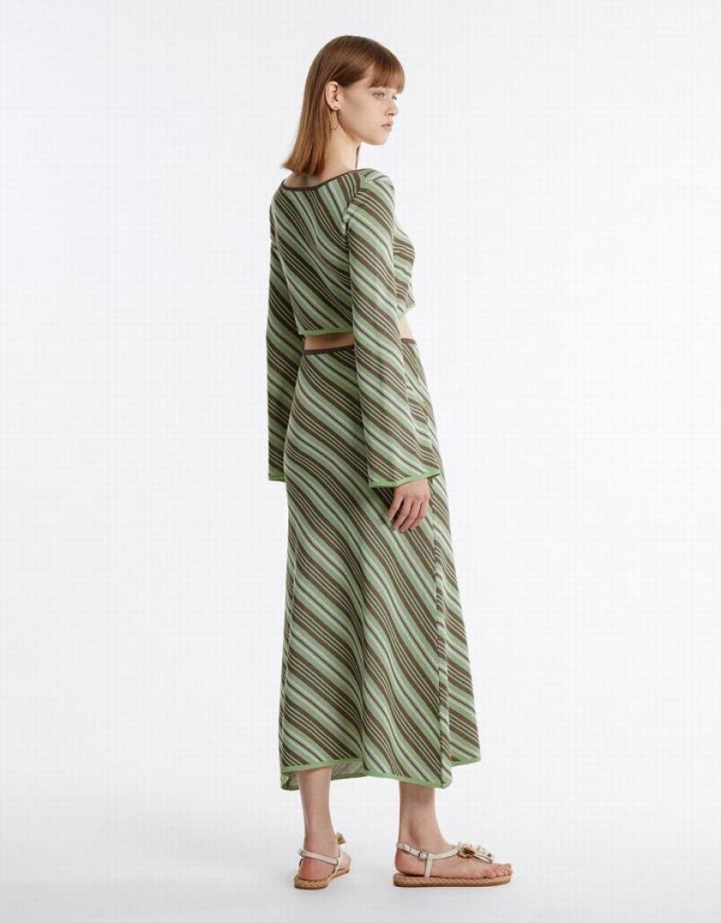 Green Urban Revivo Striped Knit Women's Skirts | XWBJFH-587