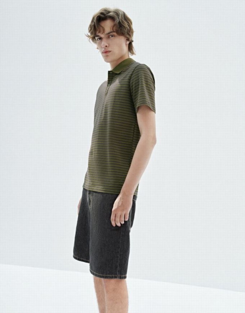 Green Urban Revivo Striped Men's T-Shirts | SCMATE-245