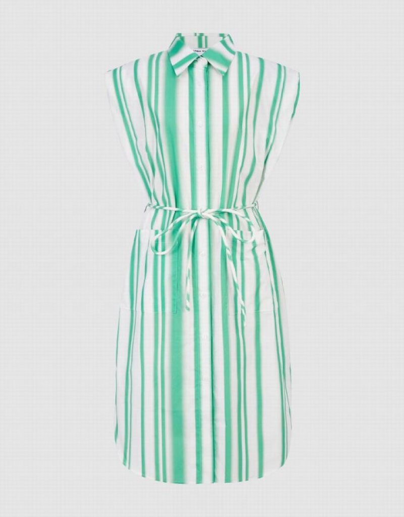 Green Urban Revivo Striped Sleeveless Women's Shirt Dress | TKIQBZ-714