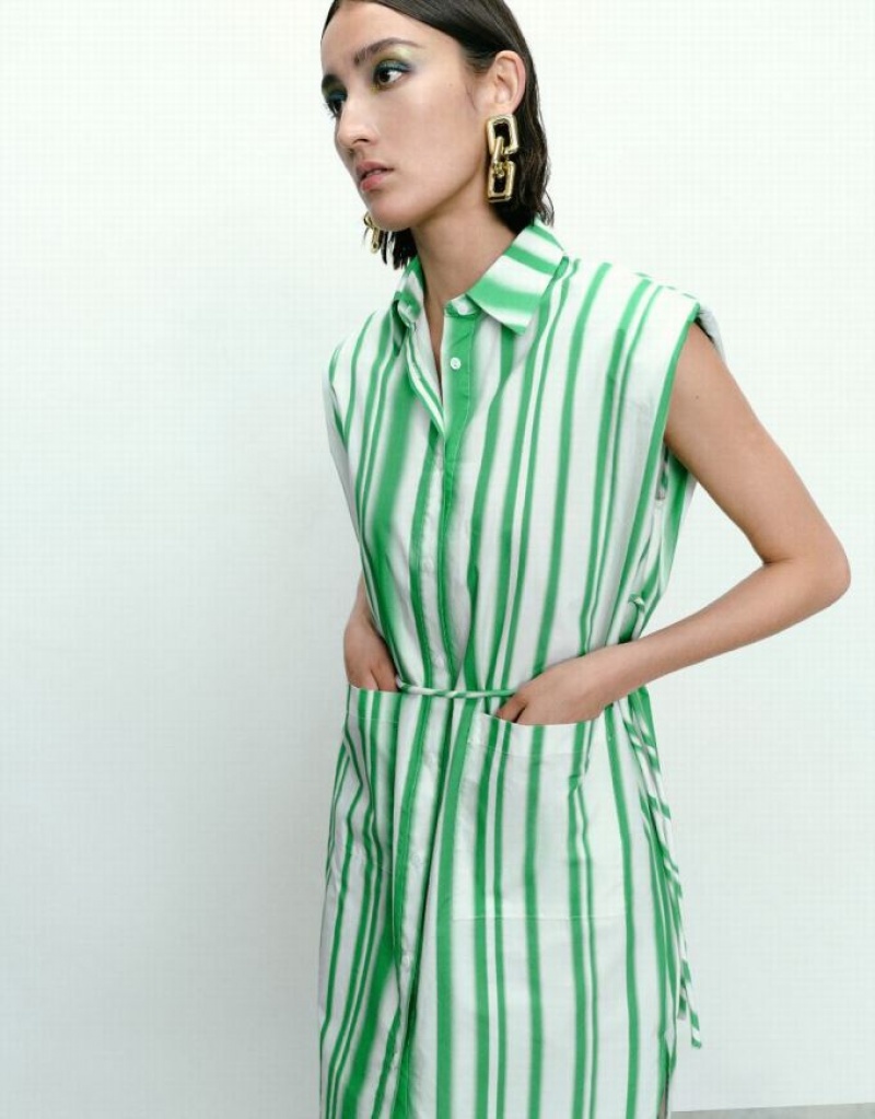 Green Urban Revivo Striped Sleeveless Women's Shirt Dress | TKIQBZ-714