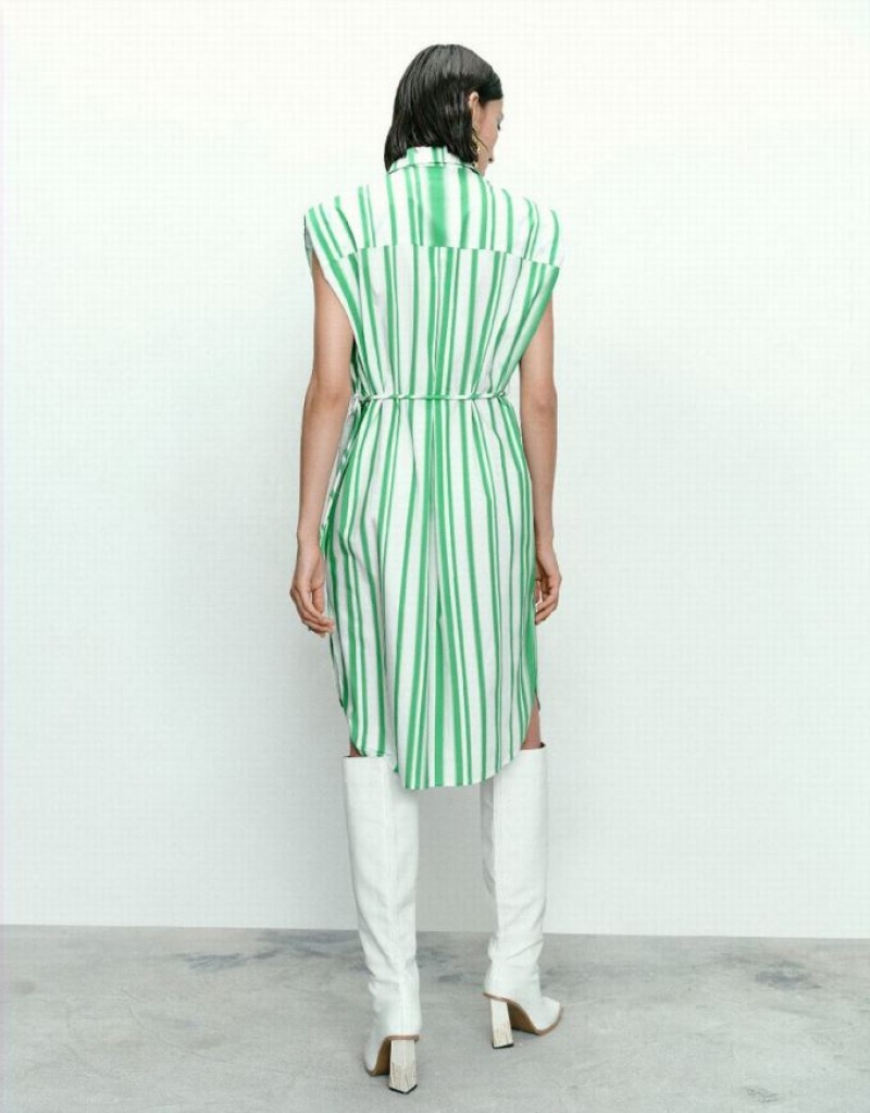 Green Urban Revivo Striped Sleeveless Women's Shirt Dress | TKIQBZ-714