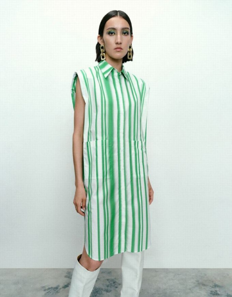 Green Urban Revivo Striped Sleeveless Women\'s Shirt Dress | TKIQBZ-714