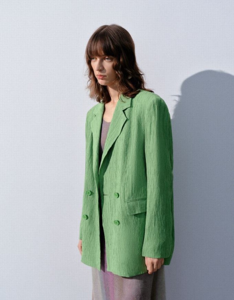 Green Urban Revivo Textured Notch Lapel Women's Blazers | HIMENS-619