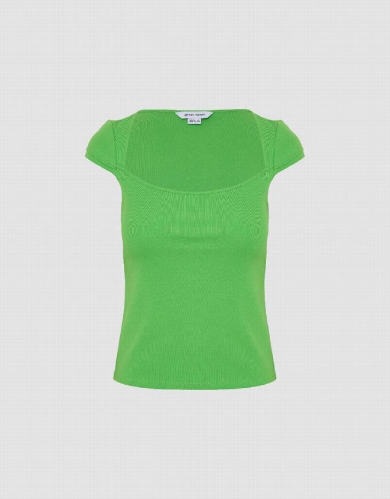 Green Urban Revivo U Neck Knitted Skinny Women's T-Shirts | KJFEXC-196