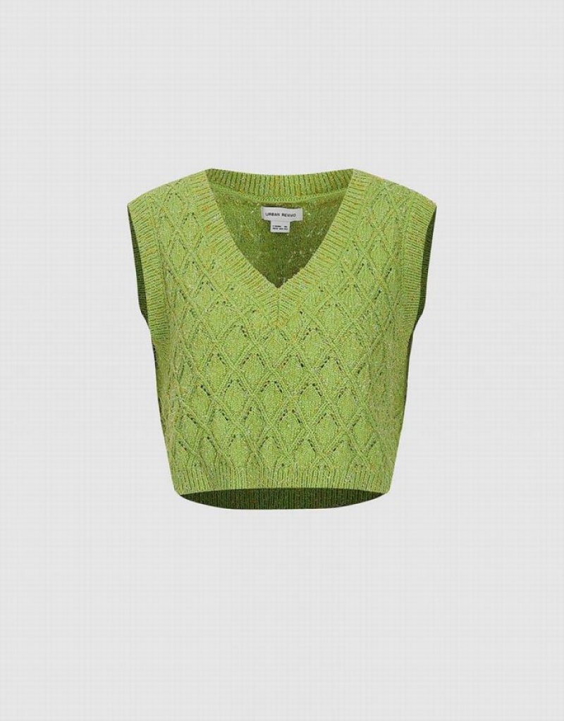 Green Urban Revivo V-Neck Knitted Women's Cardigan | TLVAZX-791