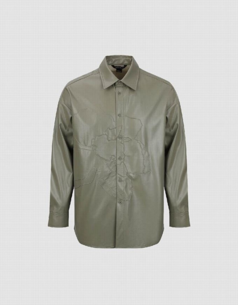 Green Urban Revivo Vegan Leather Loose Men's Shirts | KFZWCJ-426