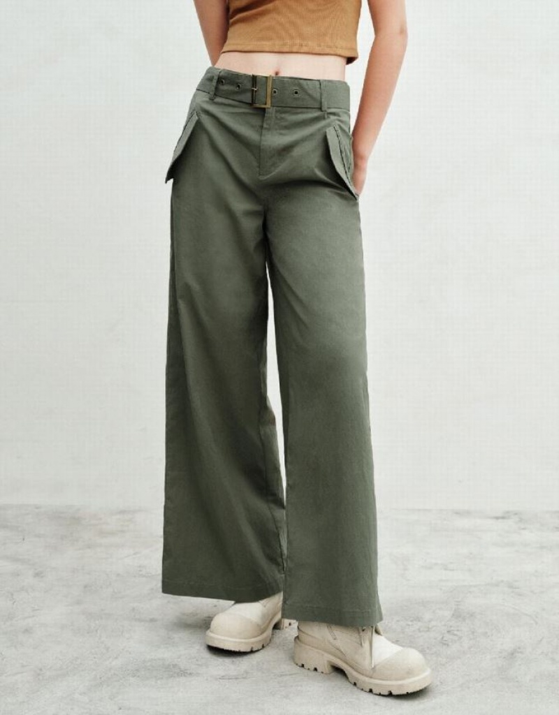 Green Urban Revivo Wide-Leg With Belt Women's Pants | GOFBJZ-147