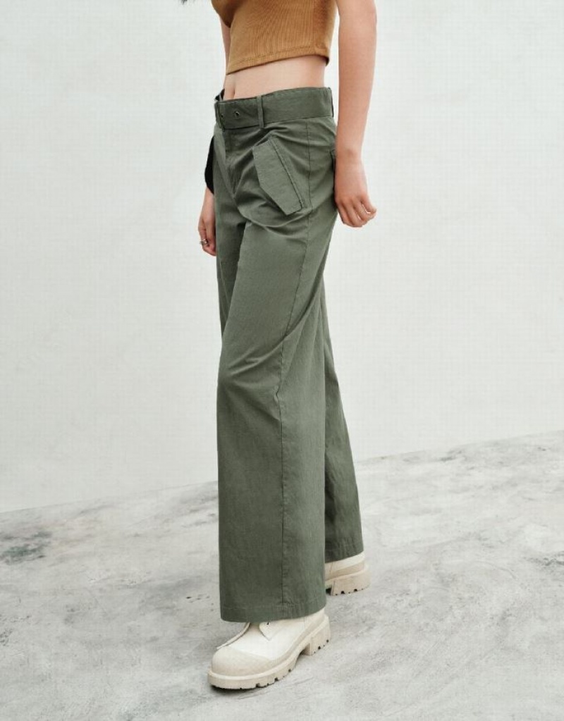 Green Urban Revivo Wide-Leg With Belt Women's Pants | GOFBJZ-147