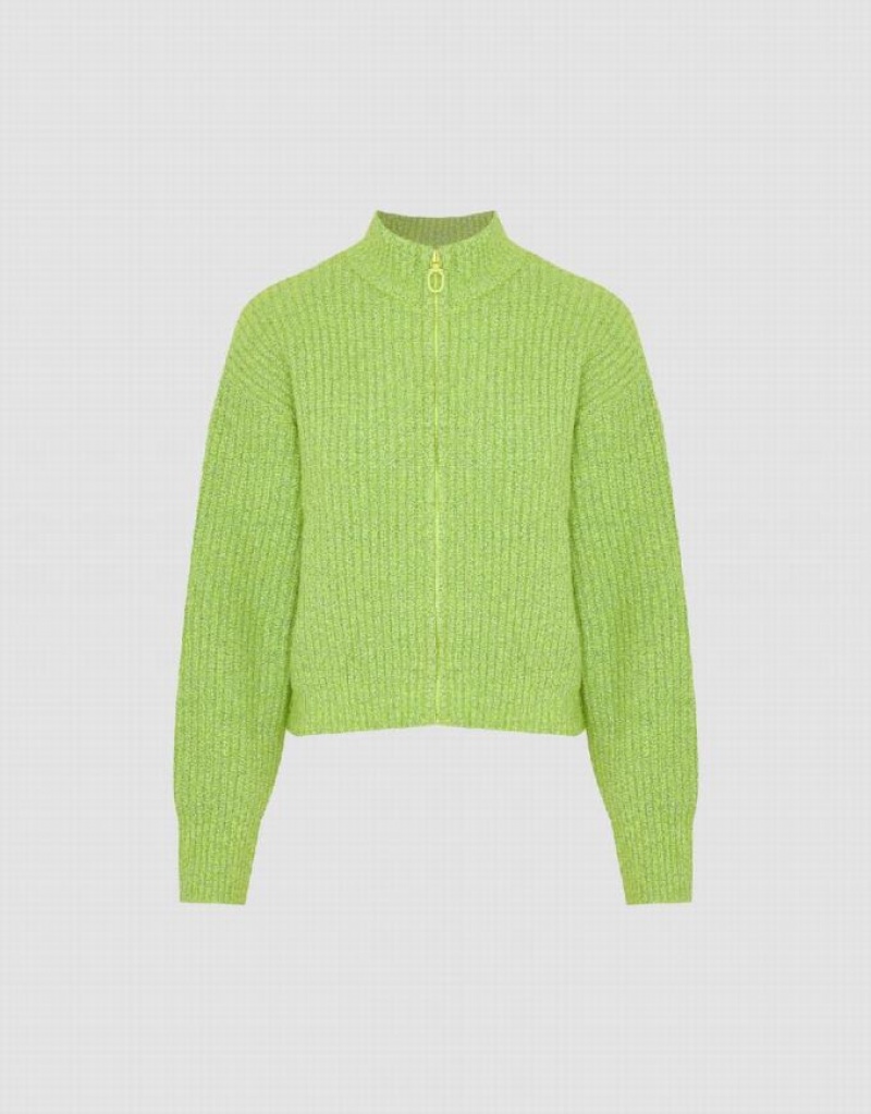 Green Urban Revivo Zipper Front Crew Neck Knitted Women's Cardigan | MWZCRH-245