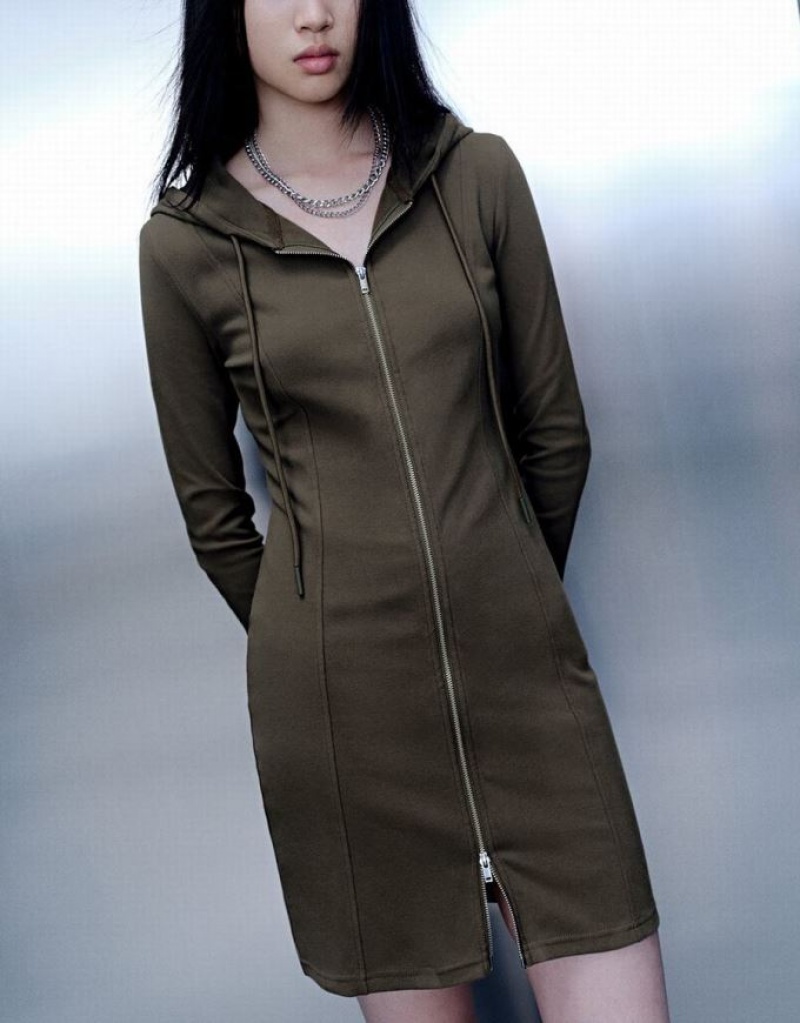 Green Urban Revivo Zipper Front Hooded A-Line Women's Dress | YHZOCB-084