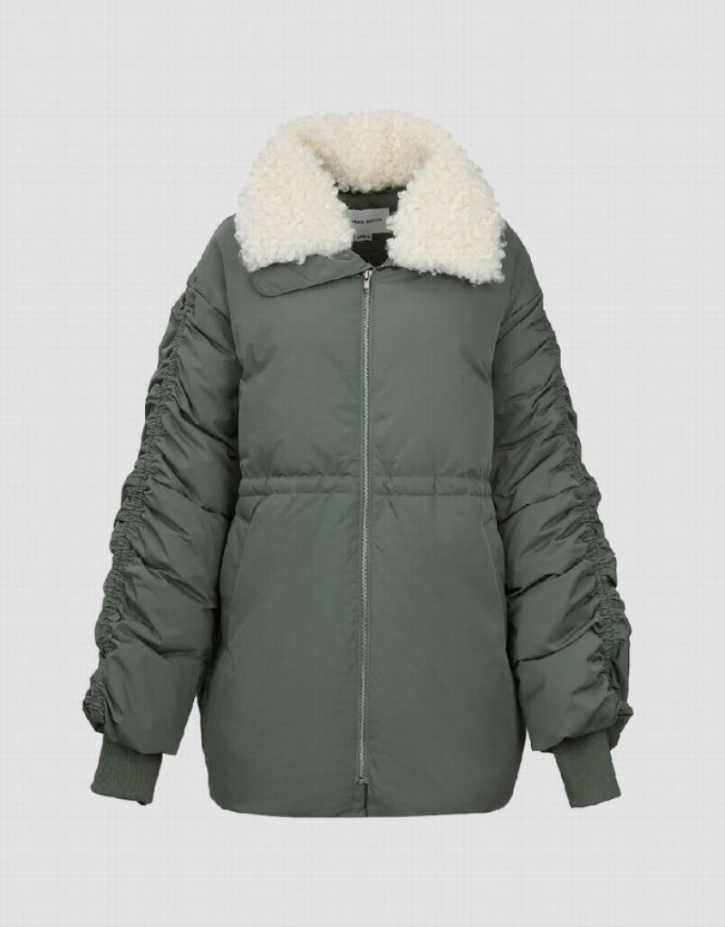 Green Urban Revivo Zipper Front With Furry Collar Women's Down Jackets | OFXYIB-856