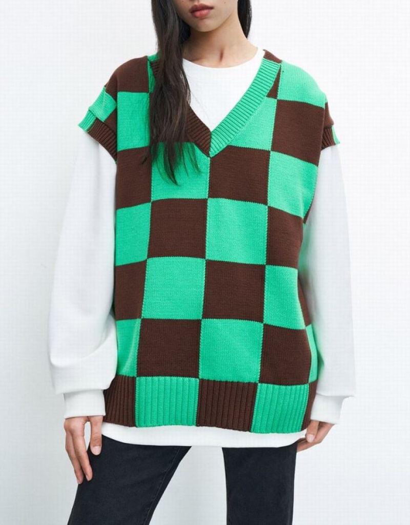 Green / Brown Urban Revivo Checkered Women's Sweater Vest | RPKAOQ-625