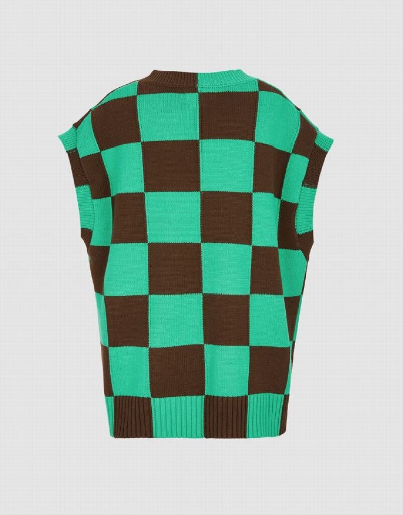 Green / Brown Urban Revivo Checkered Women's Sweater Vest | RPKAOQ-625