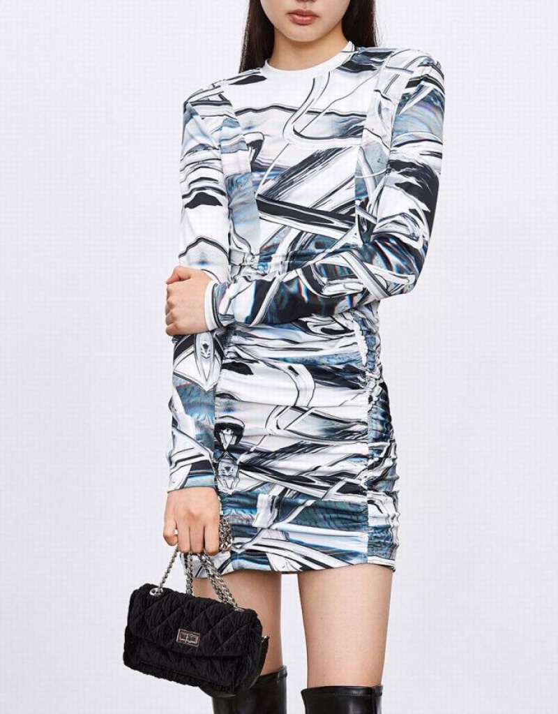 Grey Urban Revivo Abstract Print Ruched Front Bodycon Women's Casual Dress | OSQBET-905