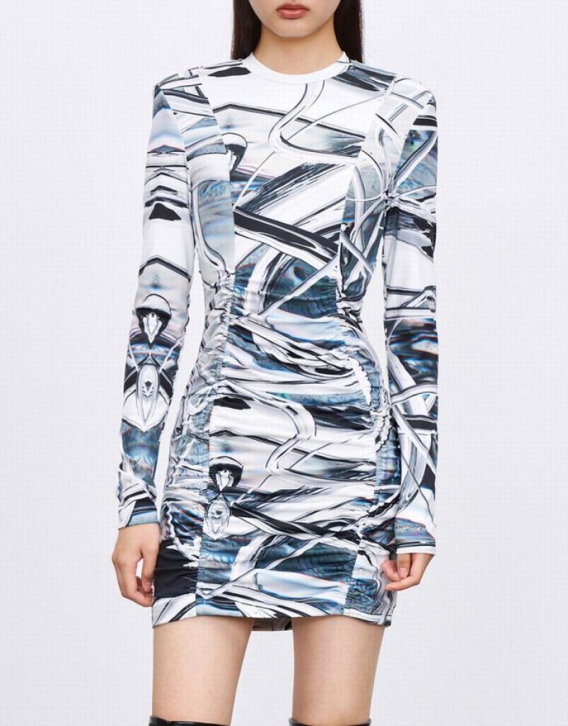 Grey Urban Revivo Abstract Print Ruched Front Bodycon Women's Casual Dress | OSQBET-905