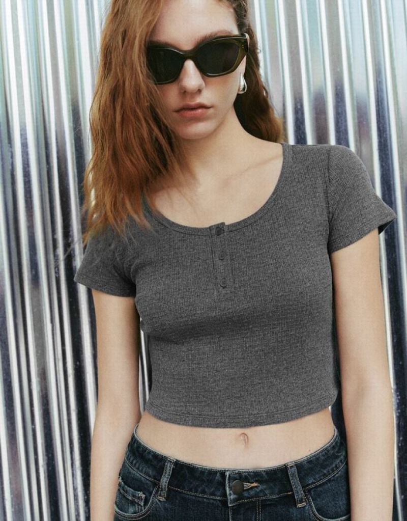 Grey Urban Revivo Basic Crew Neck Women's T-Shirts | IGYJNX-935