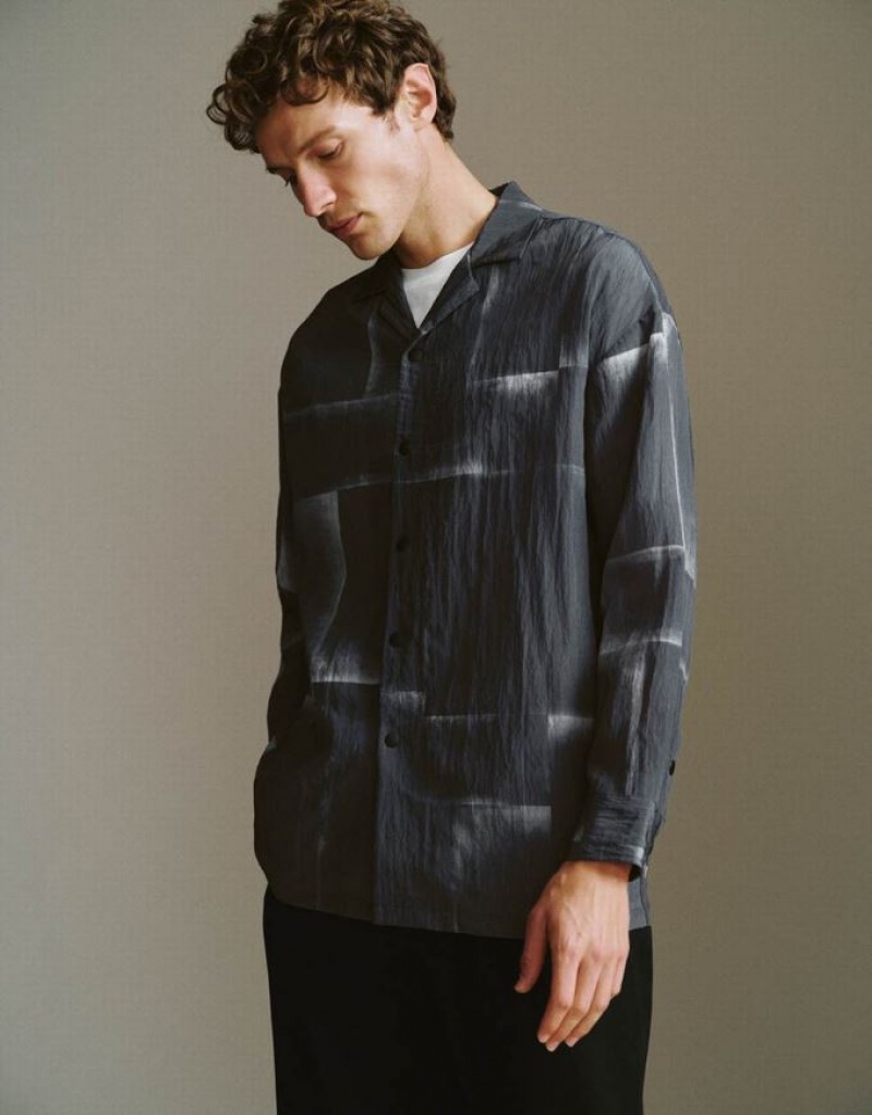 Grey Urban Revivo Button Up Straight Loose Men's Shirts | EWQTUY-691