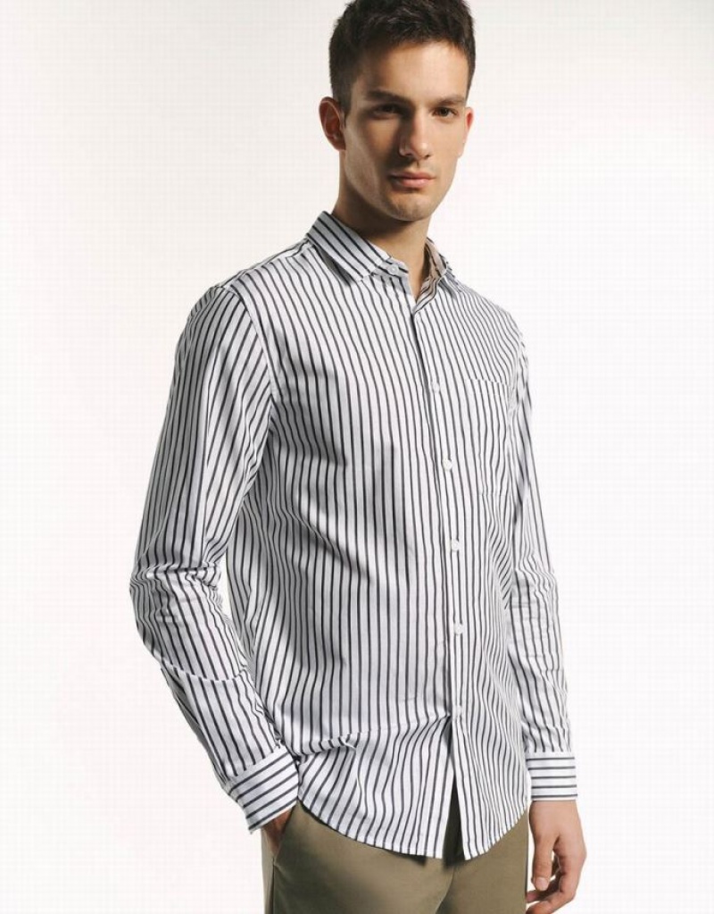 Grey Urban Revivo Button Up Striped Men's Shirts | OAHVJY-074