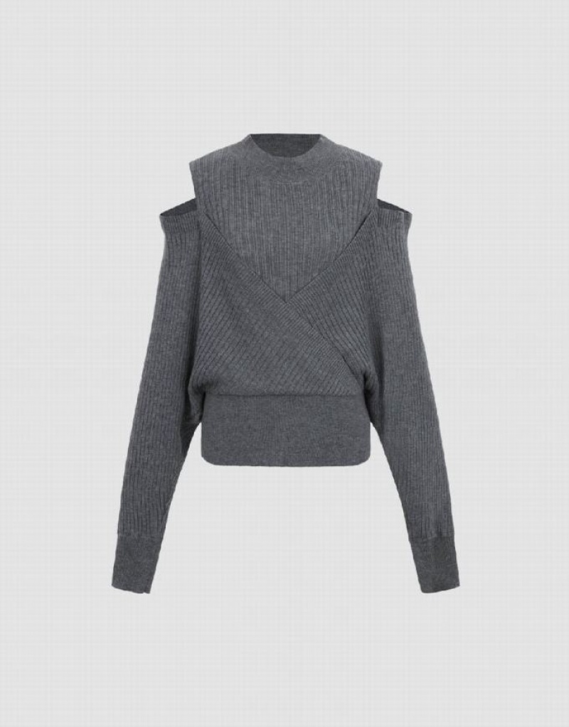 Grey Urban Revivo Cold Shoulder Crew Neck Knitted Women's Cardigan | PENDJF-035