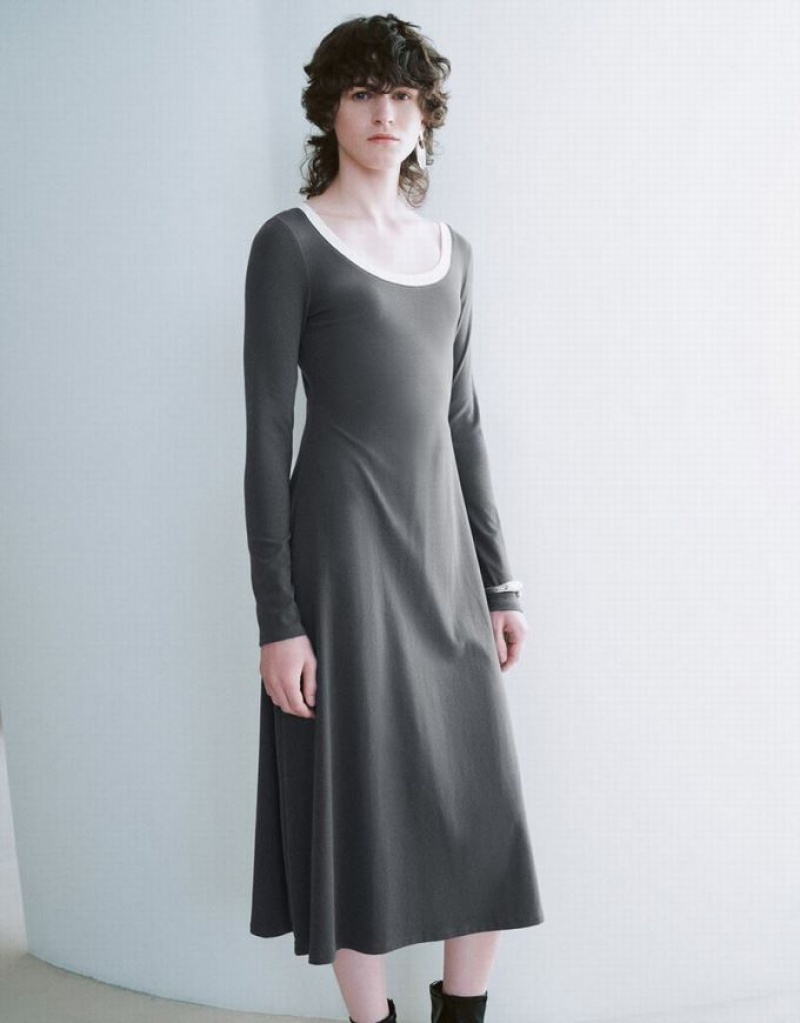 Grey Urban Revivo Crew Neck A-Line Women's Dress | DOBKET-496