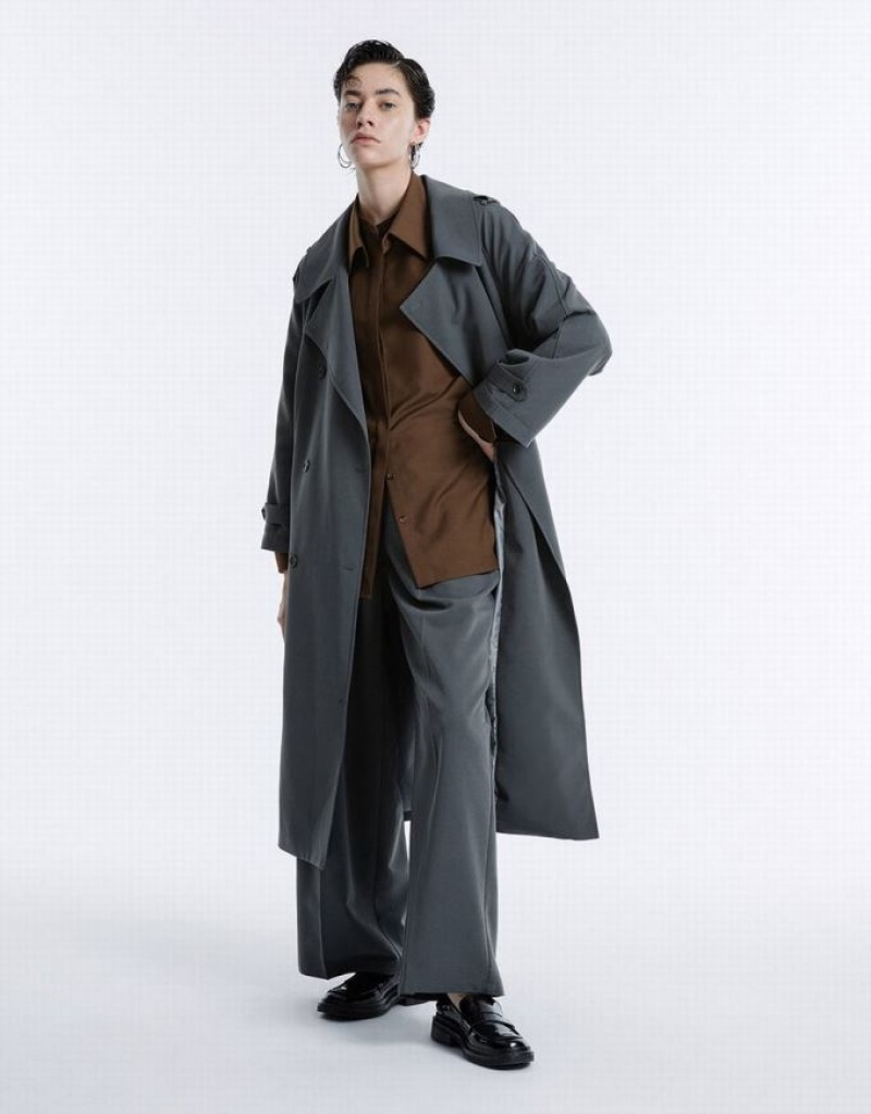 Grey Urban Revivo Double Breasted Belted Women's Trench Coat | YNWZKV-125