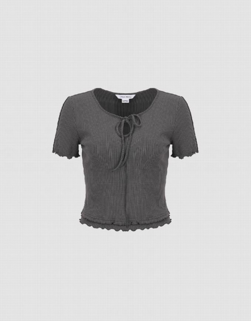 Grey Urban Revivo Frill Trim Tie Front Knitted Women\'s T-Shirts | HKRZUM-142