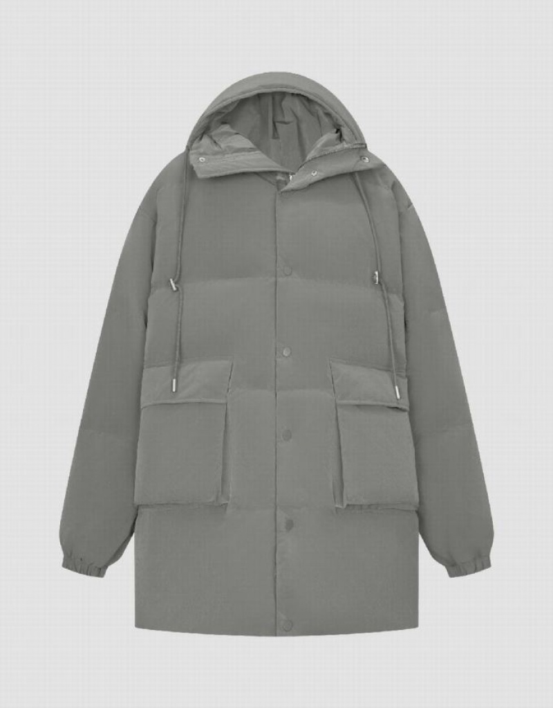 Grey Urban Revivo Hooded A-Line Men's Down Jackets | GCINVW-847