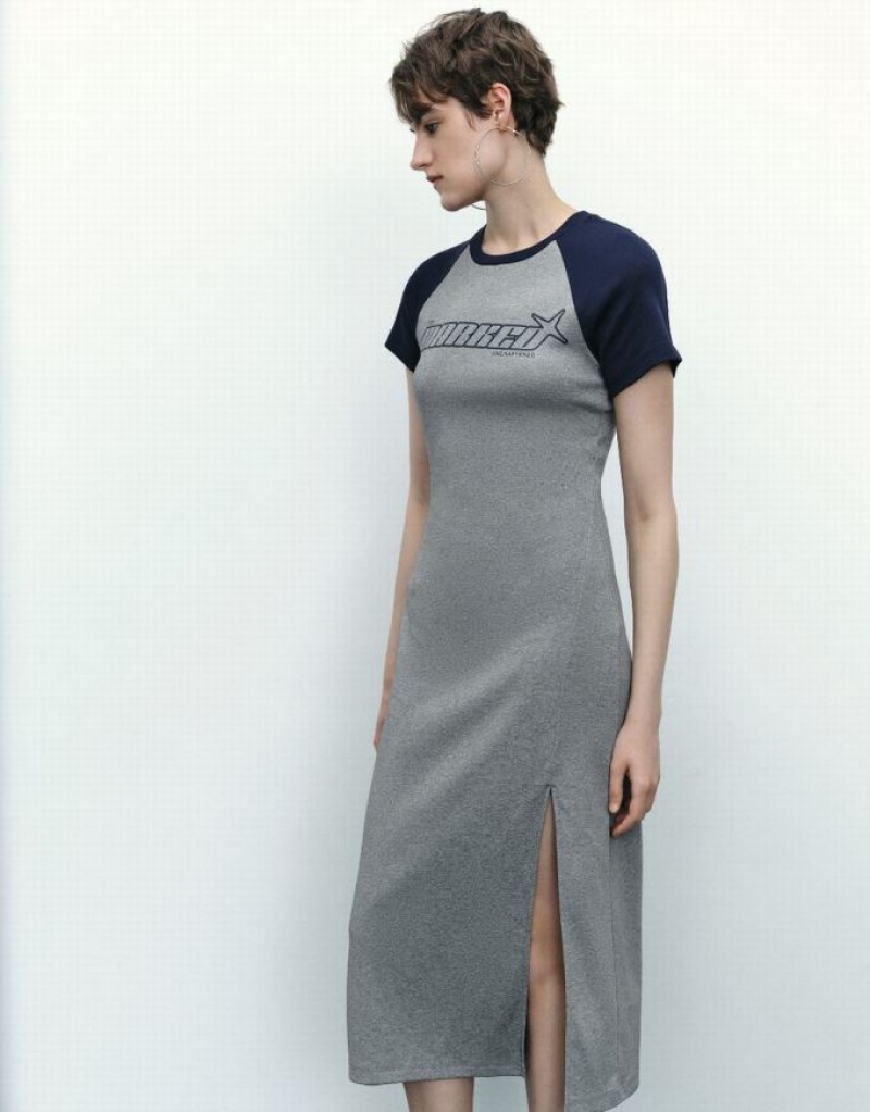 Grey Urban Revivo Letter Printed Crew Neck Straight Women's Dress | ADMWEI-140