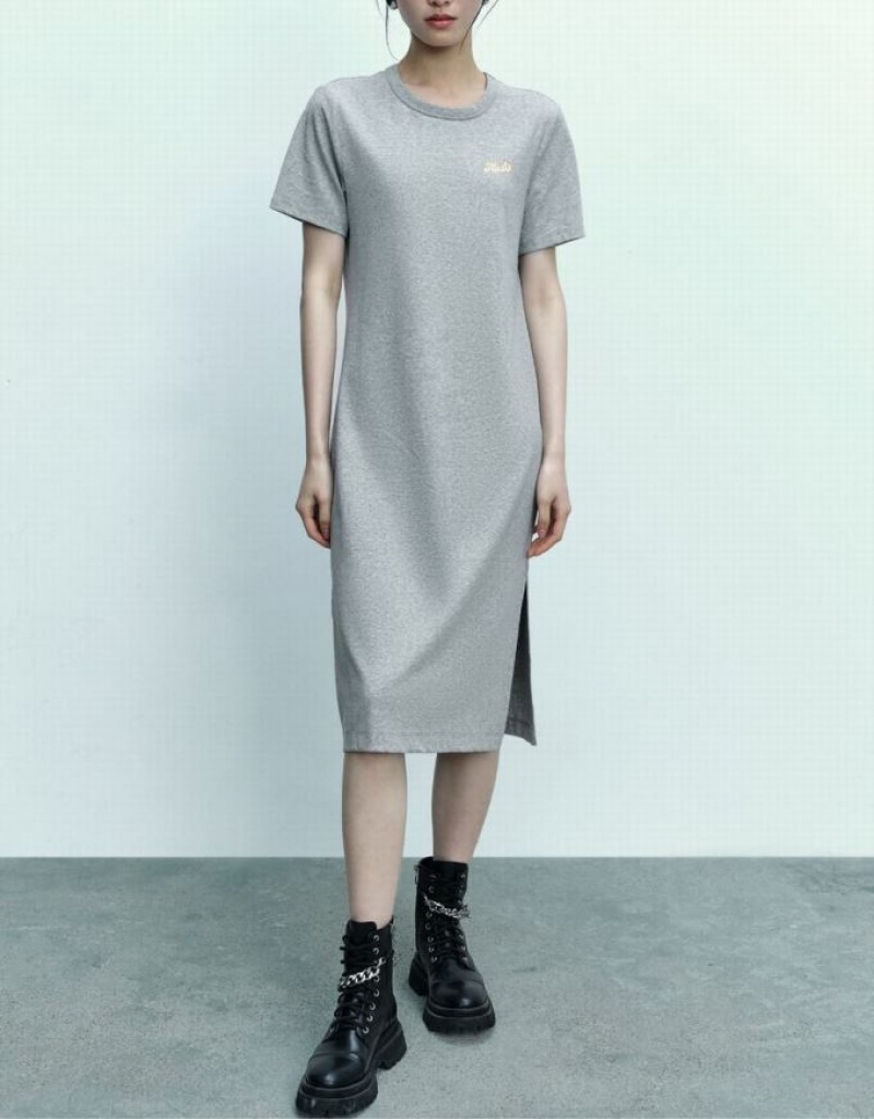 Grey Urban Revivo Letter Printed Crew Neck Straight Women's Dress | TXCOBM-742