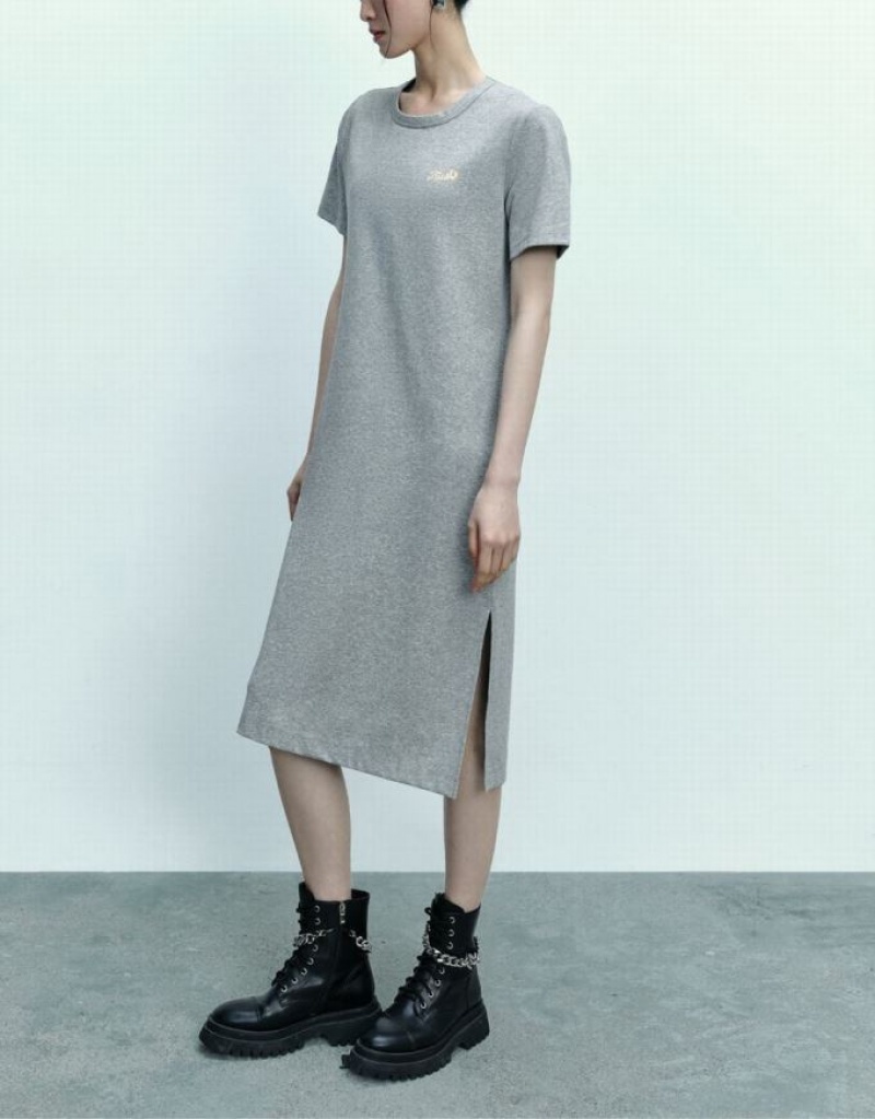 Grey Urban Revivo Letter Printed Crew Neck Straight Women's Dress | TXCOBM-742