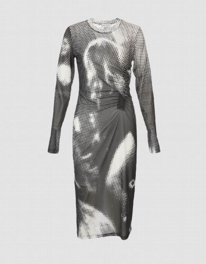 Grey Urban Revivo Ruched Printed Midi Women's Midi Dress | RUKPQW-076