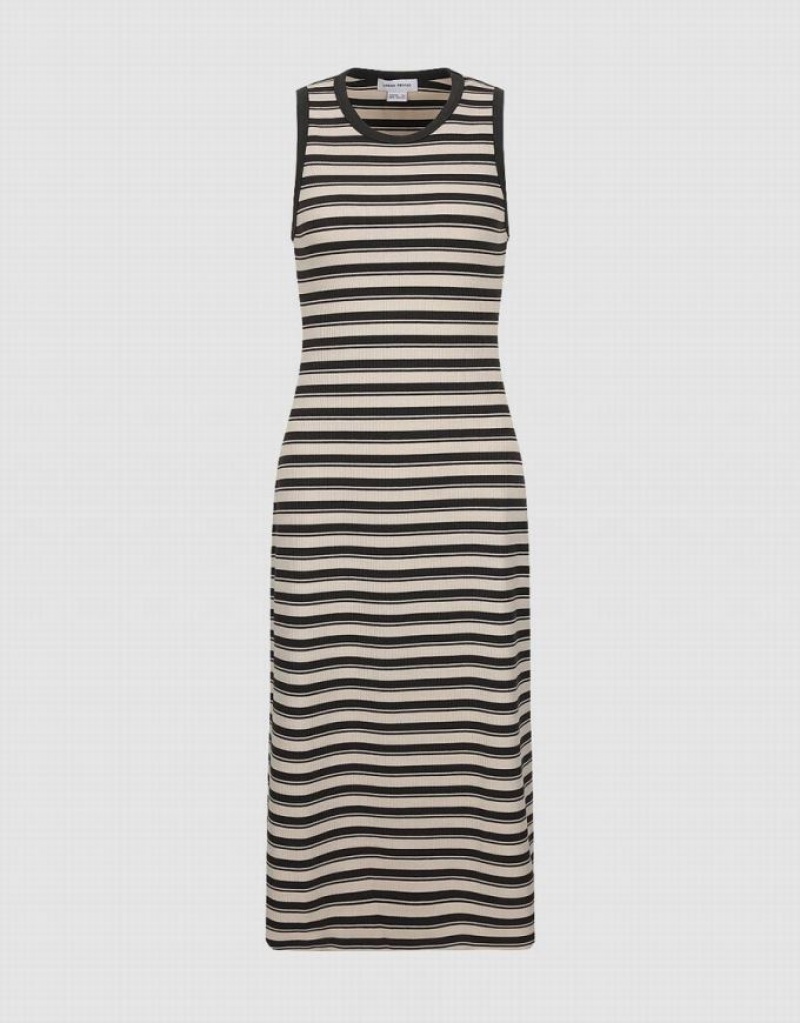 Grey Urban Revivo Striped Sleeveless Crew Neck Straight Women's Dress | QPJSND-049