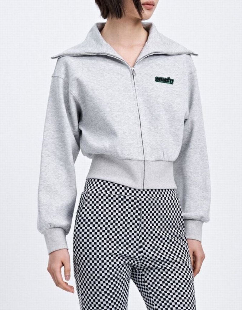 Grey Urban Revivo Zip Up Letter Detail Women's Jacket | UBSIND-186