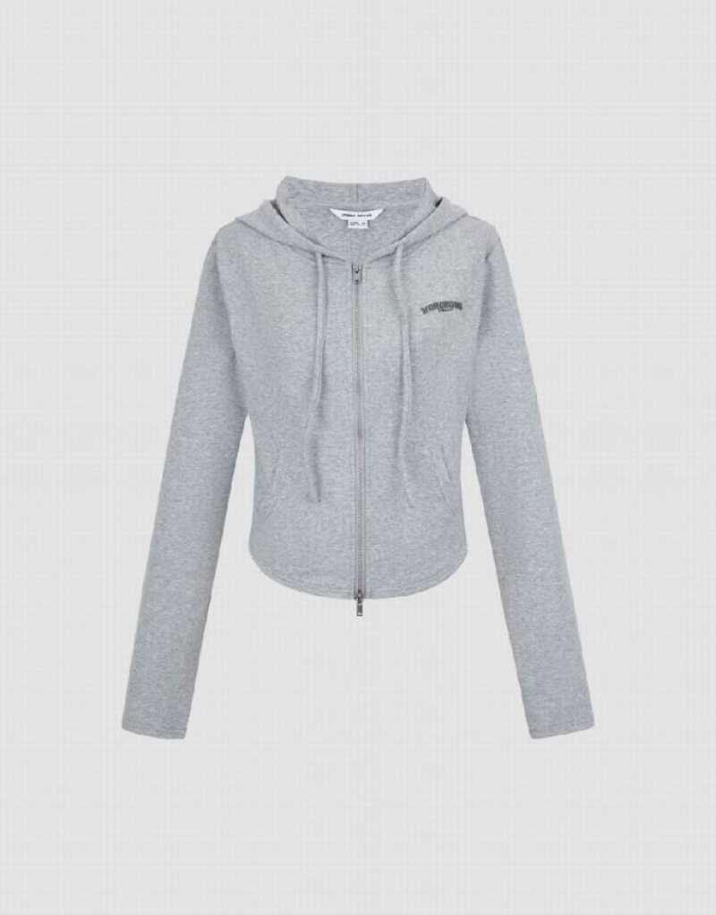 Grey Urban Revivo Zipper Front Hooded Knitted Women's Hooded Jackets | PJFWXO-021