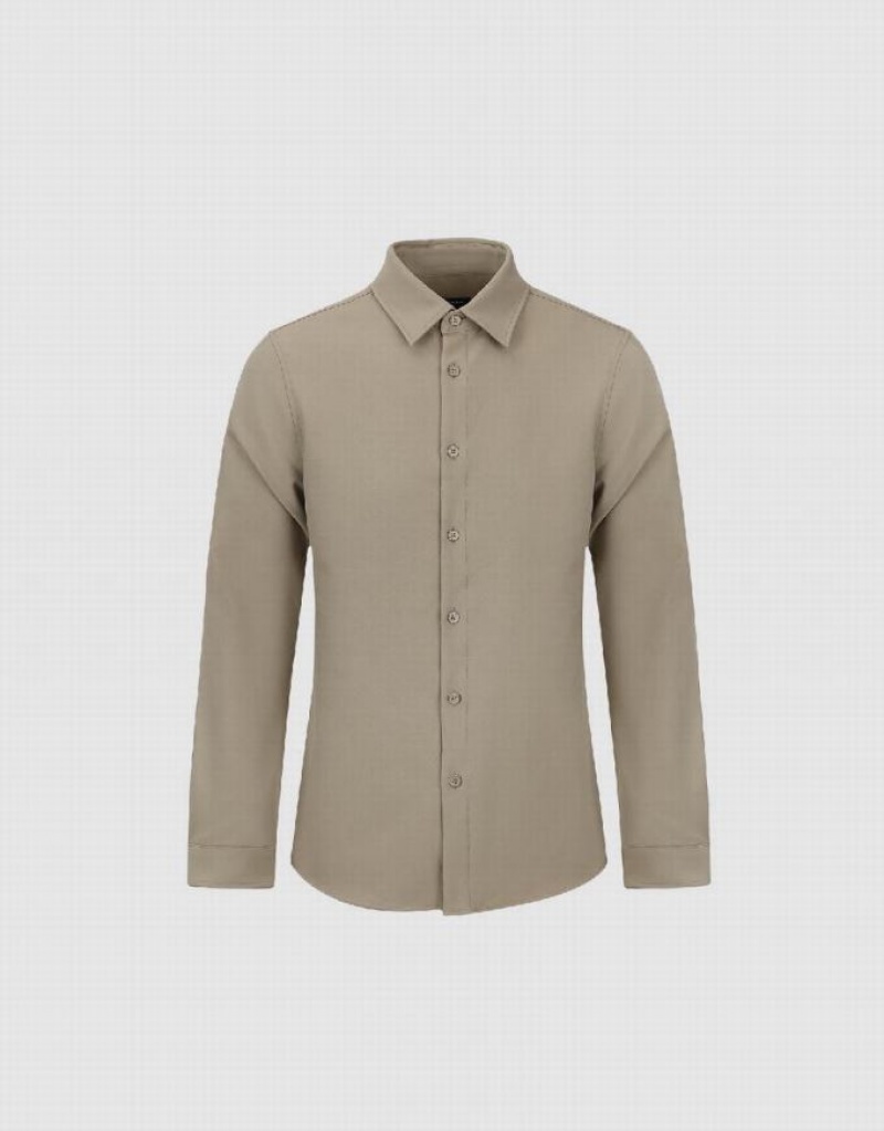 Khaki Grey Urban Revivo Button Up Straight Men's Shirts | HXBFMO-273