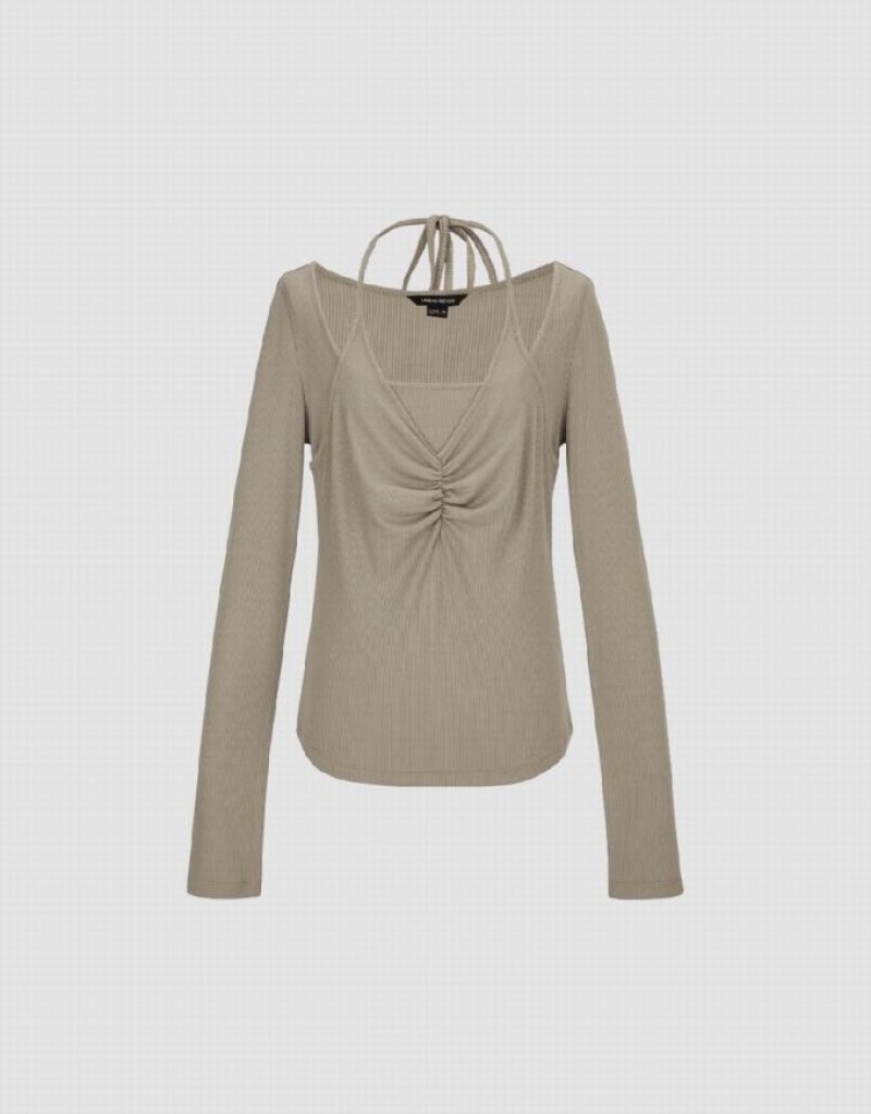 Khaki Urban Revivo 2 In 1 Skinny Women's T-Shirts | DXZTNP-602