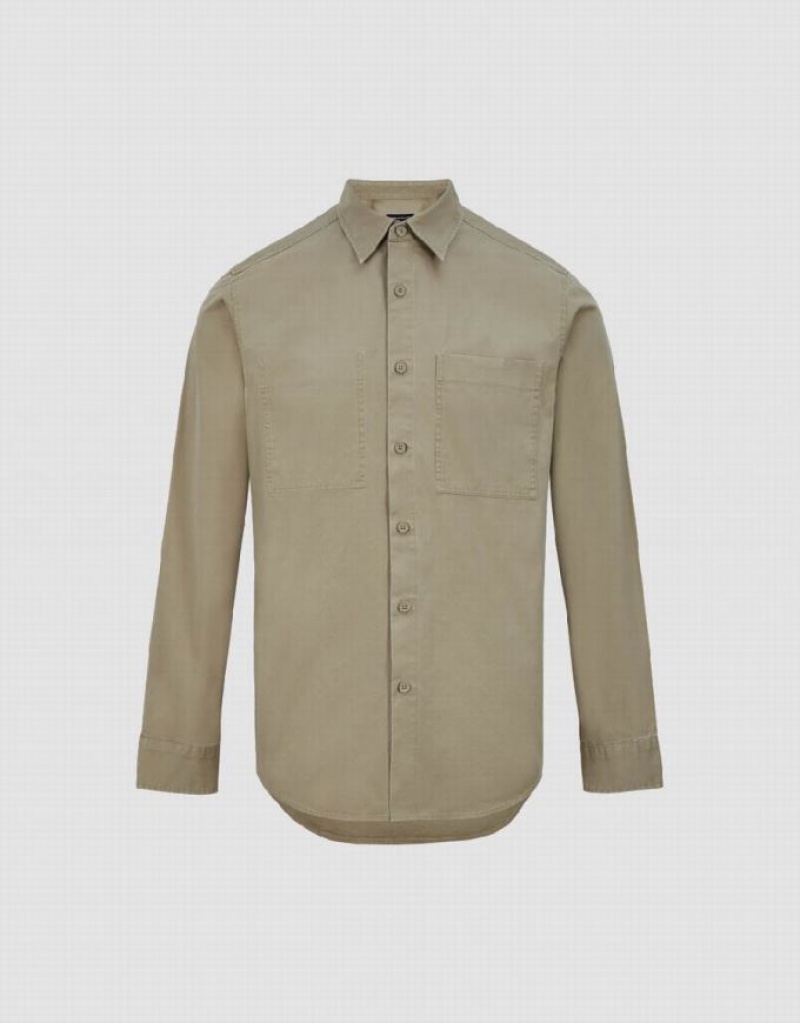 Khaki Urban Revivo Button Up Straight Men's Shirts | VUGDBS-802