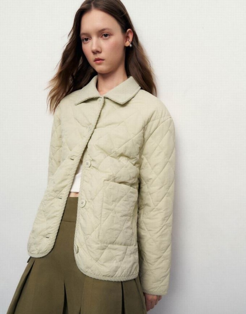 Khaki Urban Revivo Button Up Straight Padded Women's Coats | GEABOF-825