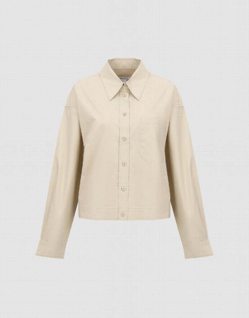 Khaki Urban Revivo Button Up Straight Women's Shirts | OLKVQC-175