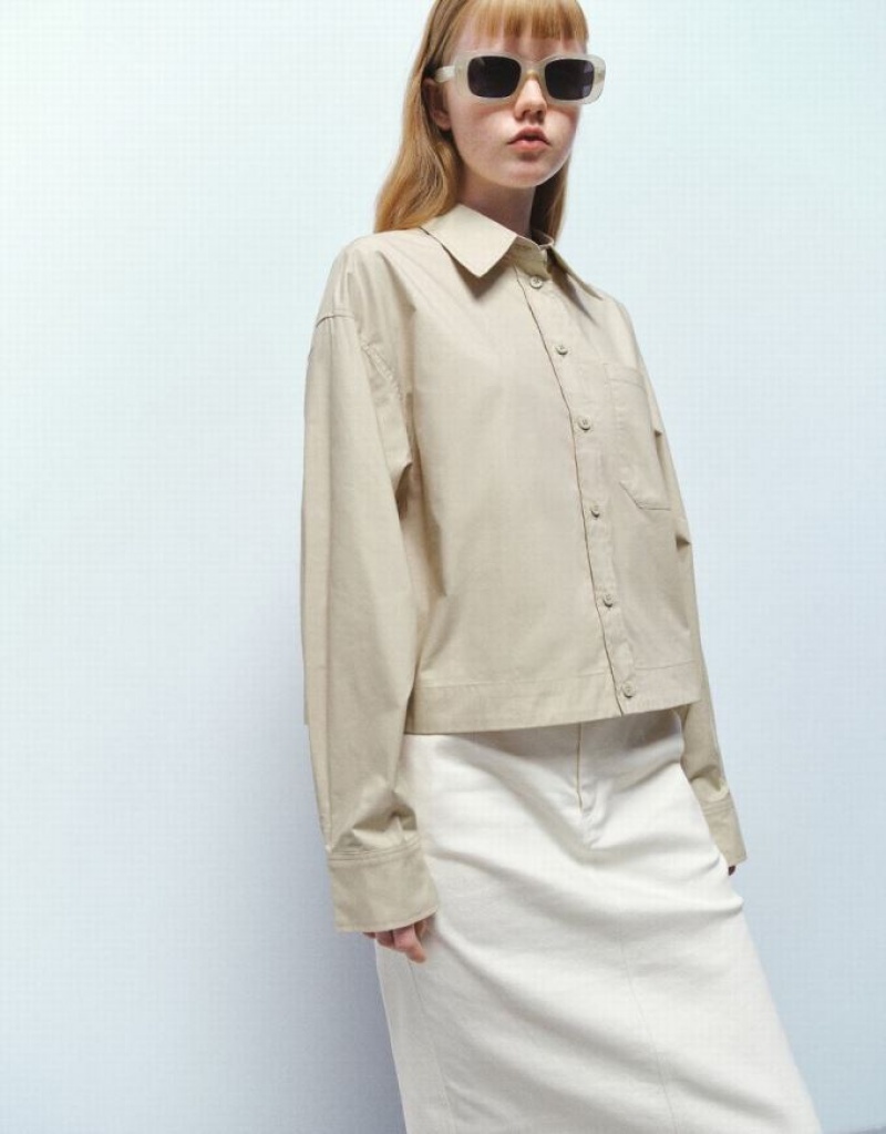 Khaki Urban Revivo Button Up Straight Women's Shirts | OLKVQC-175