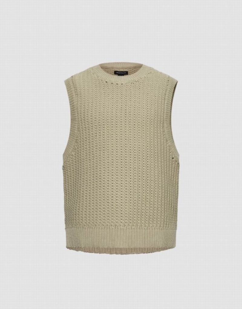 Khaki Urban Revivo Crew Neck Knitted Men's Cardigan | UIFEGS-834