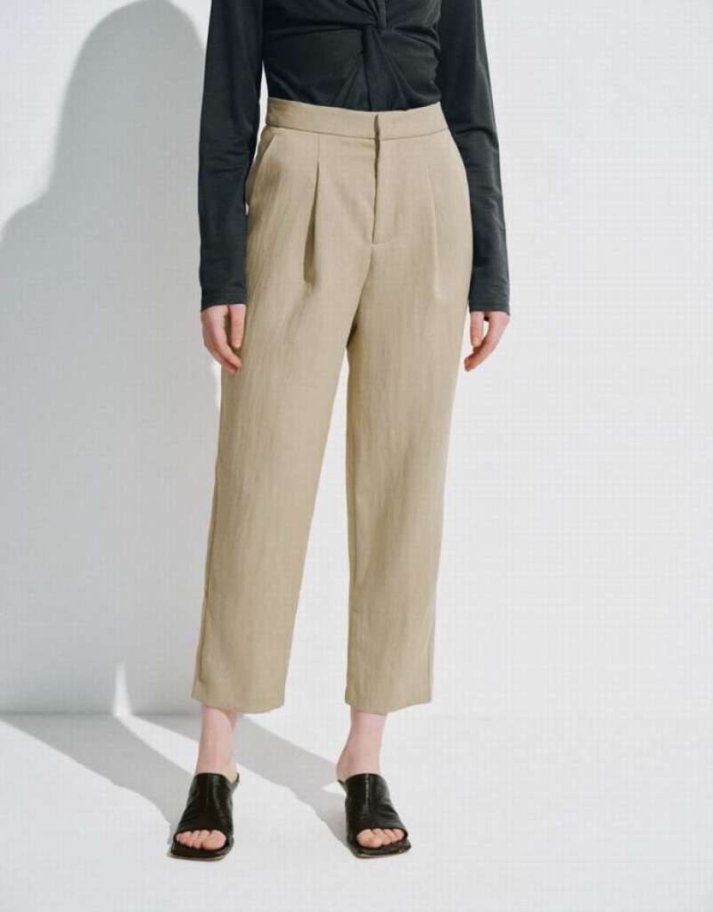 Khaki Urban Revivo Cropped Carrot Fit Women's Pants | FDNMVL-342