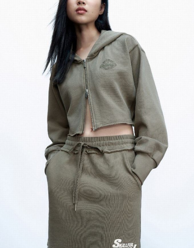 Khaki Urban Revivo Cropped Zipper Front Women's Hooded Jackets | QLOYTB-021